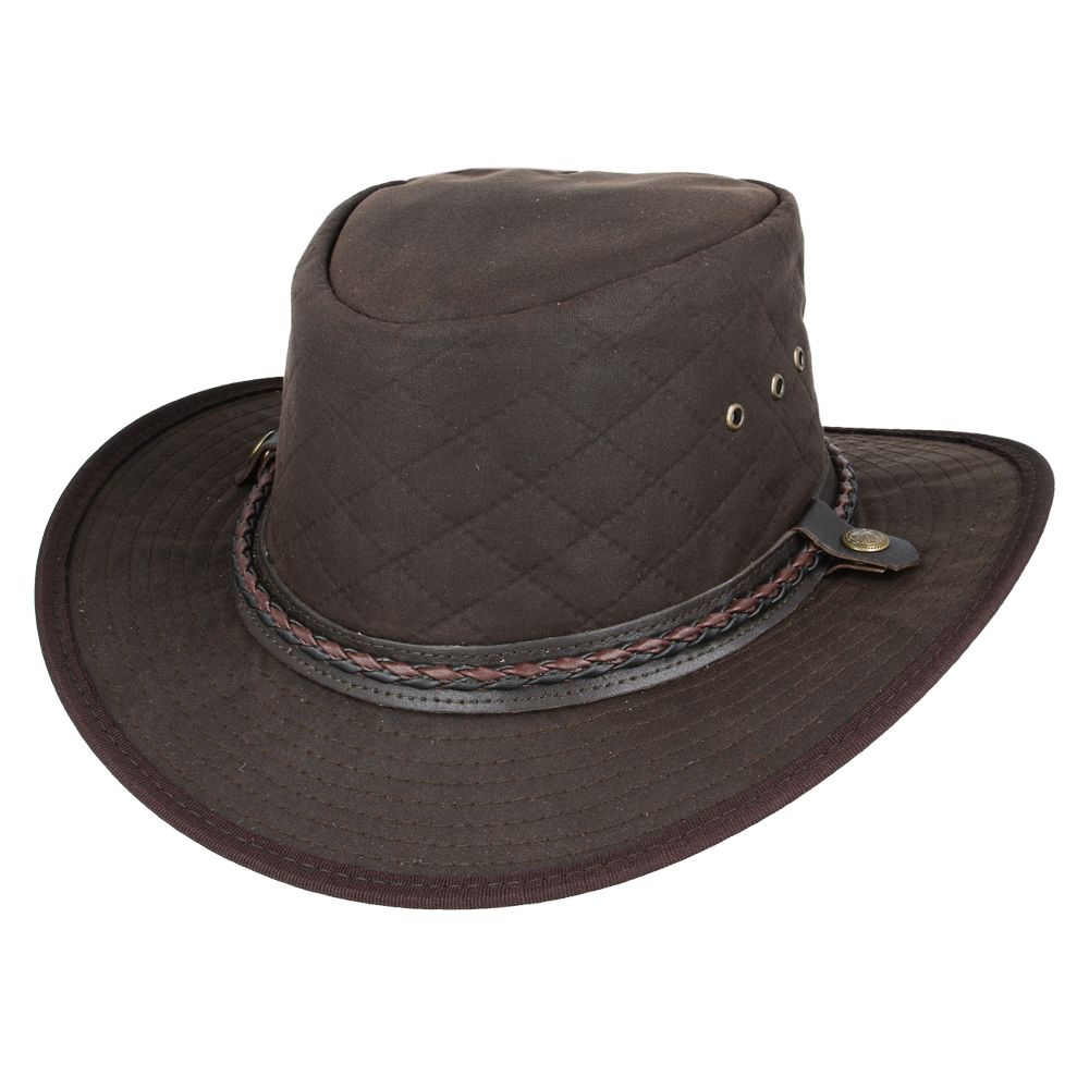 cowboy hat in quilted British waxed cotton with UPF 40+ protection. Features 10cm western crown and shapeable 7.5cm brim. Available in Black, Brown, and Olive, sizes 55-61cm. Complete with chin strap and ventilation. Combines authentic western style with British durability.