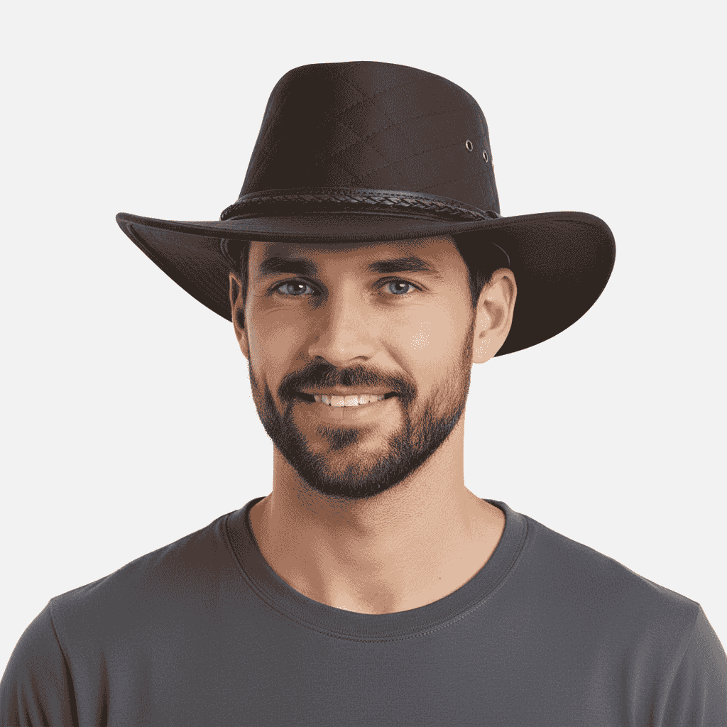 cowboy hat in quilted British waxed cotton with UPF 40+ protection. Features 10cm western crown and shapeable 7.5cm brim. Available in Black, Brown, and Olive, sizes 55-61cm. Complete with chin strap and ventilation. Combines authentic western style with British durability.