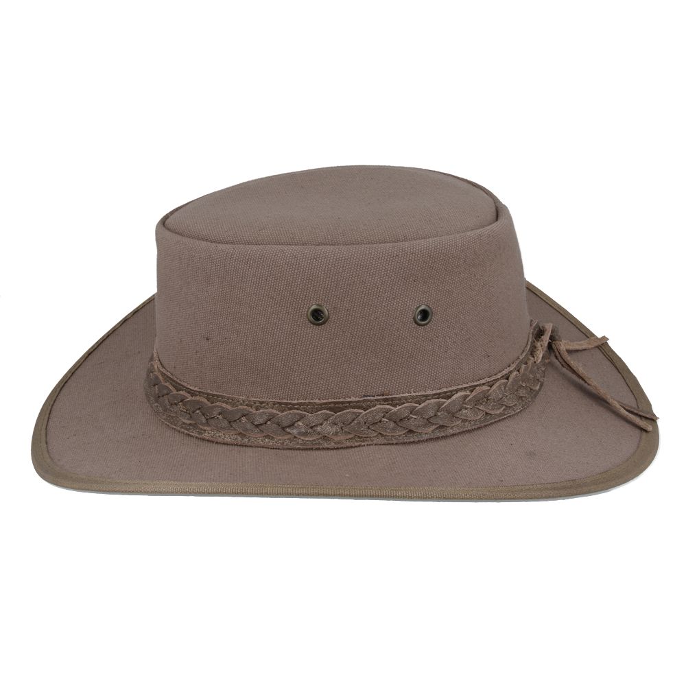 Authentic Australian outback hat in thick waxed canvas with UPF 40+ protection. Features 10cm crown height, chin strap, and braided leather band. Available in Black, Brown, and Olive, sizes 55-61cm. Perfect for outback adventures with maximum ventilation and sun protection.