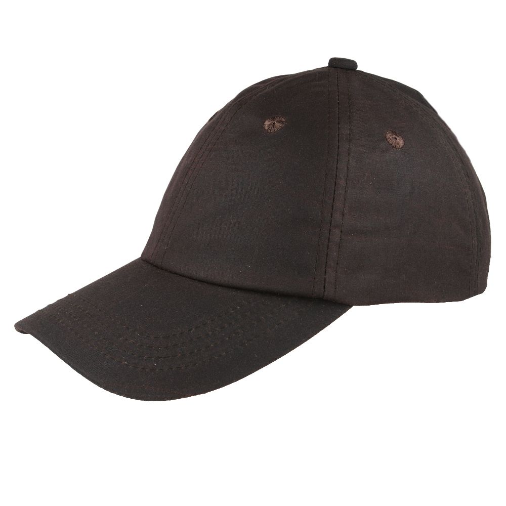 Water Resistant British waxed cotton baseball cap with UPF 40+ protection. Features traditional side eyelets and adjustable Velcro strap. Available in Olive, Black, and Brown. Combines countryside durability with sun safety. Perfect for outdoor activities in any weather.