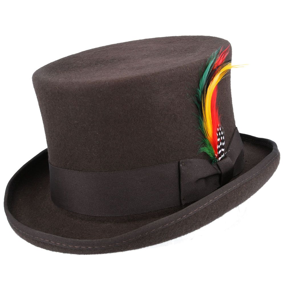 Wool Felt Top Hat - Handcrafted The Wool Felt Top Hat is a handcrafted classic made from 100% wool felt. It features a 5 2/5" high crown, a 2 2/6" wide curved brim, satin lining, and a leather sweatband. The grosgrain hat band and removable feather add a touch of elegance. Hat Details: Hand Made Made of 100% Wool Felt