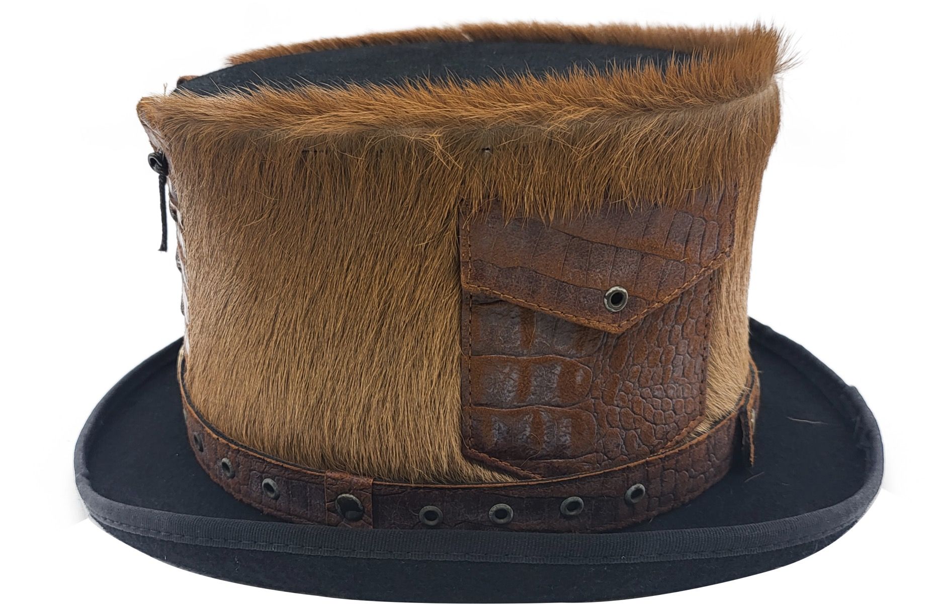 Handcrafted Steampunk Victorian 12cm wool felt top hat featuring authentic leather strap detailing. Perfect for steampunk enthusiasts, vintage fashion lovers, and statement dressing. Available in sizes 55-60cm. Each hat combines premium materials with artisan craftsmanship. A distinctive piece for both events and fancy wear.