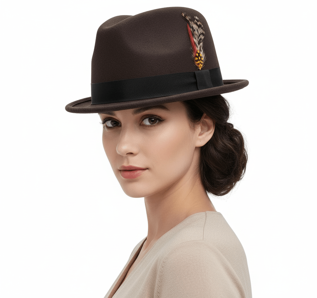 Brown short-brim Trilby handmade from pure wool felt (sizes 55-60cm). Each hat showcases a grosgrain ribbon, feather detail, and superior craftsmanship