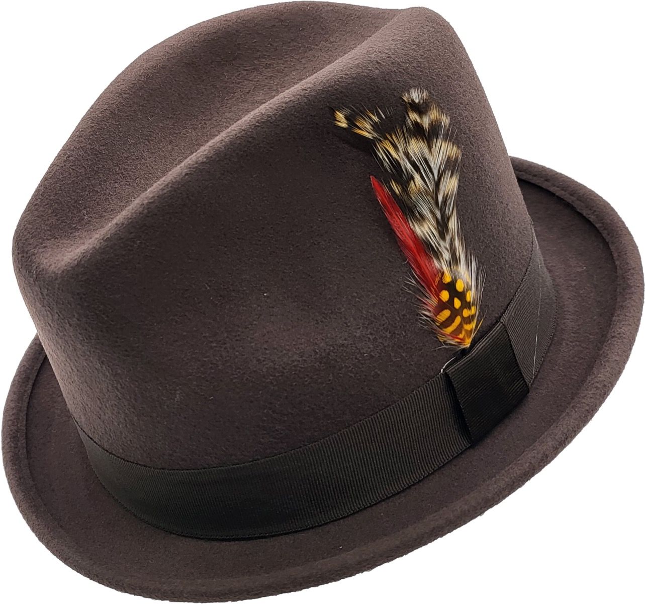 A short-brim Trilby handmade from pure wool felt (sizes 55-60cm). Each hat showcases a grosgrain ribbon, feather detail, and superior craftsmanship. Choose from Black, White, Grey, or Brown. The traditional shape and shorter brim make it versatile for both formal and casual wear.