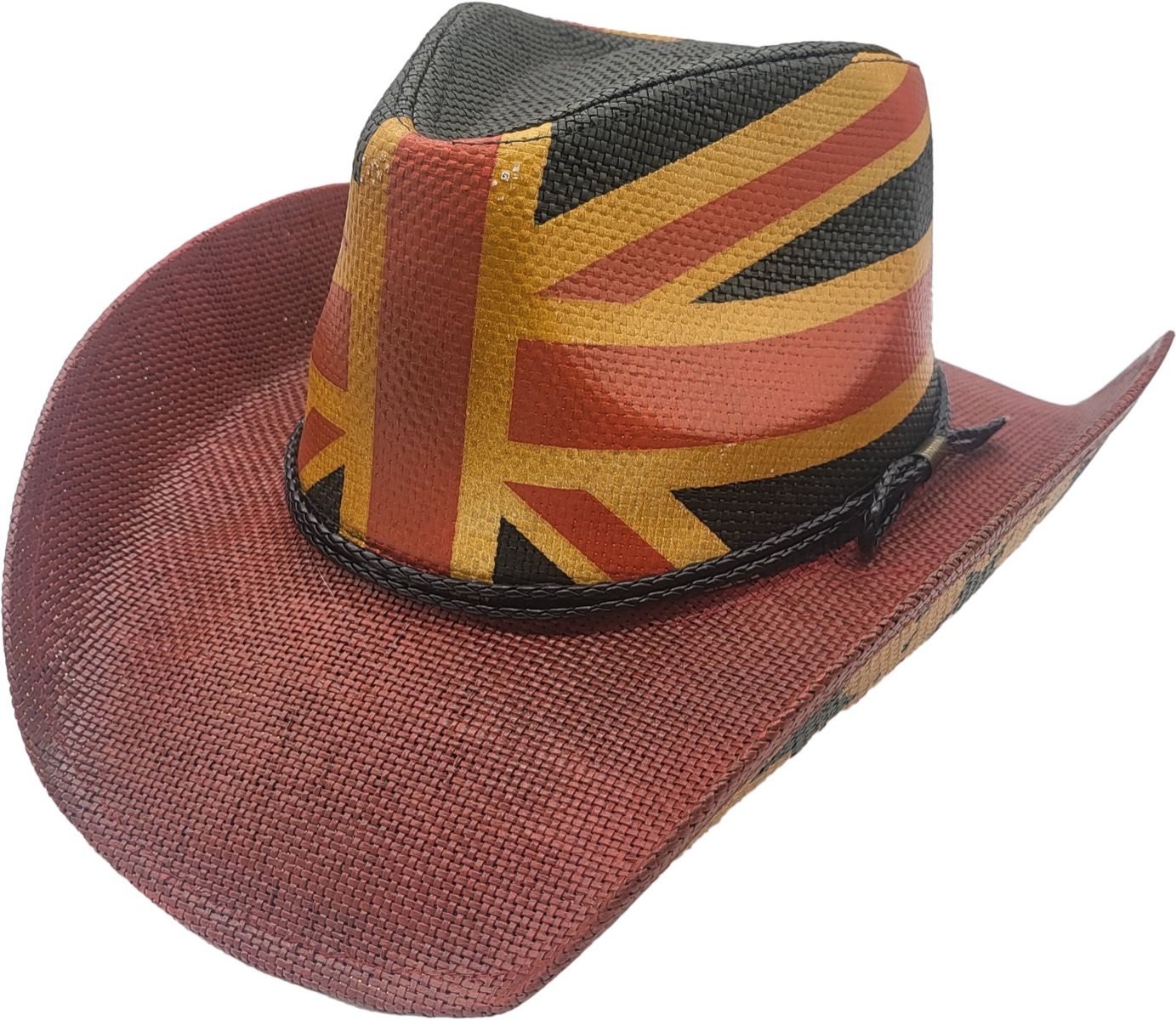 British meets Western in this unique Union Jack paper straw cowboy hat. A sustainable summer hat that keeps you cool and stands out in crowds. Made from eco-friendly straw with the iconic British flag design. Perfect for festivals, beach days, and summer shows. Fits all sizes.