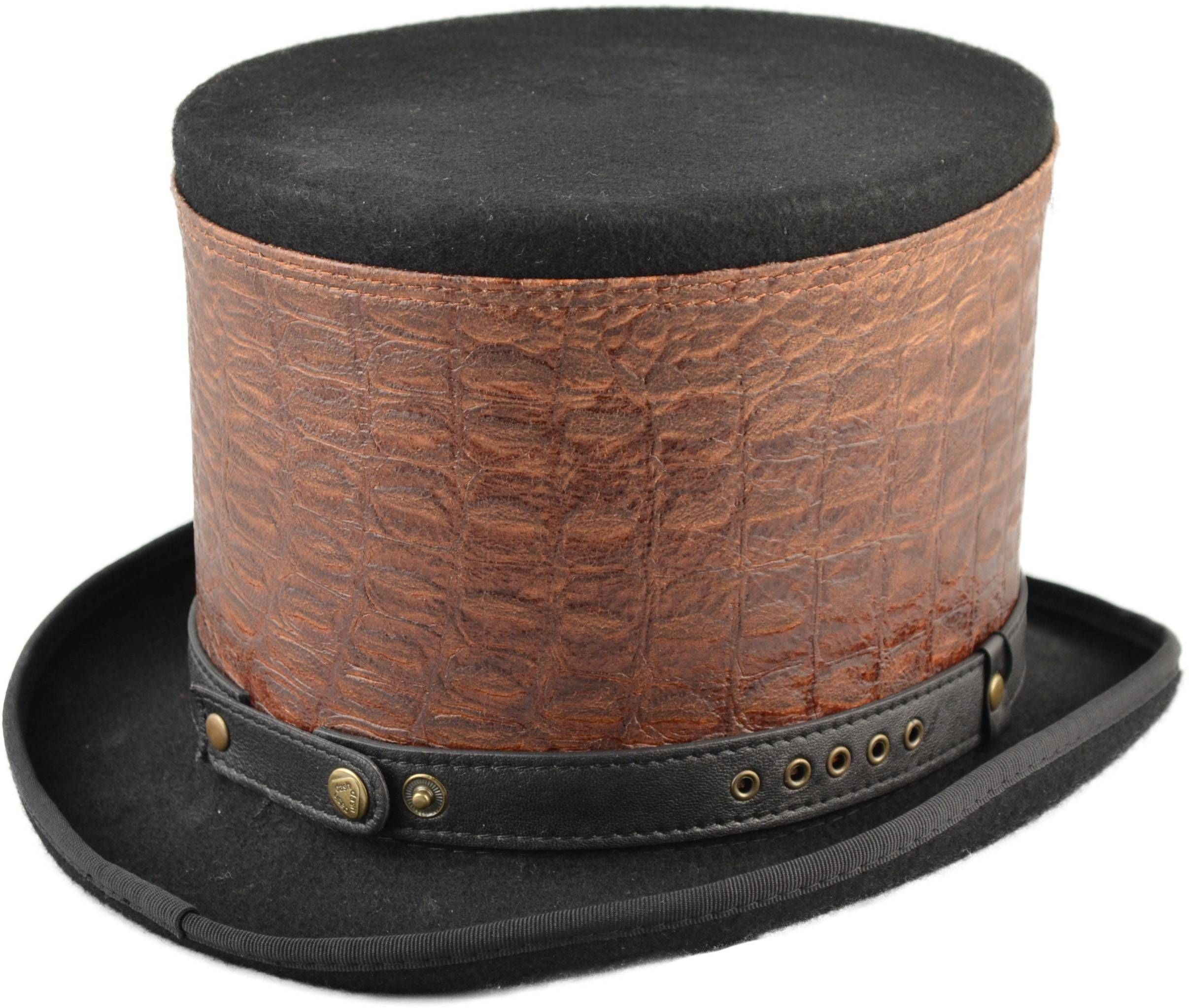 Luxurious 100% wool felt Topper Hat with genuine leather strap. 15cm height. Brown or Grey, various designs. Perfect for all occasions. Handmade comfort and style. Hat Details: Style: Topper Hat Material: 100% Premium Wool Felt Strap: Genuine Leather Height: 15cm Colors: Brown, Grey Feature: Different designs available.