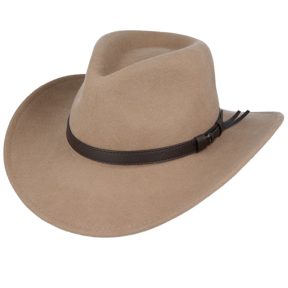 The Crushable Wool Felt Cowboy Hat from the Novella Hats Wool collection combines fashion and function. This handmade hat features a wide brim and high crown, offering both style and practicality. It's packable—just take it out of a suitcase, shake and shape it, and it's ready to wear.