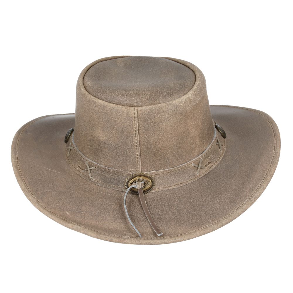 Genuine crazy leather Western Outback hat. UPF 40+ protection. Shapeable brim, chin strap. Brown, Camel, Tan. Sizes S/M/L/XL. Vintage design meets sun safety. Hat Details: Brand: Gladwin Bond  Style: Western Outback Aussie Cowboy Hat Material: 100% Genuine Crazy Leather Colors: Brown, Camel, Tan.