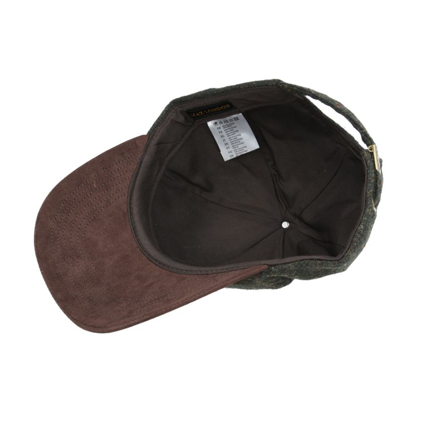 Front view of checked tweed baseball cap with brown suede peak by Novella Hats