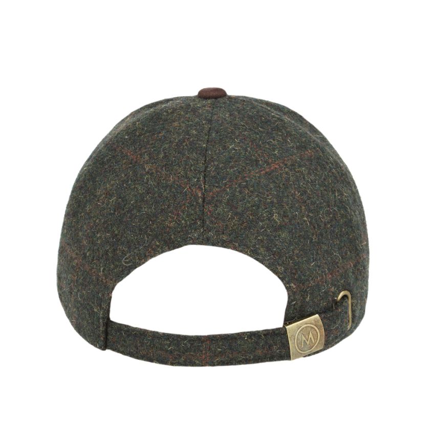 Front view of checked tweed baseball cap with green suede peak by Novella Hats
