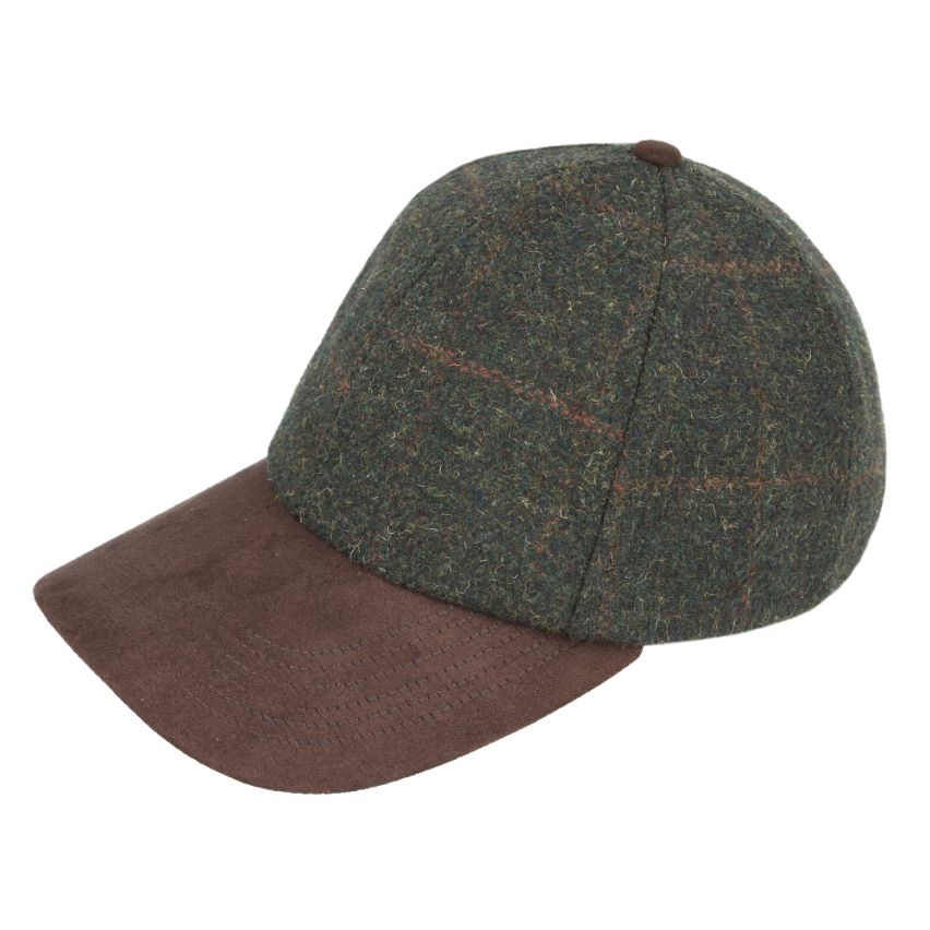 Front view of checked tweed baseball cap with brown suede peak by Novella Hats