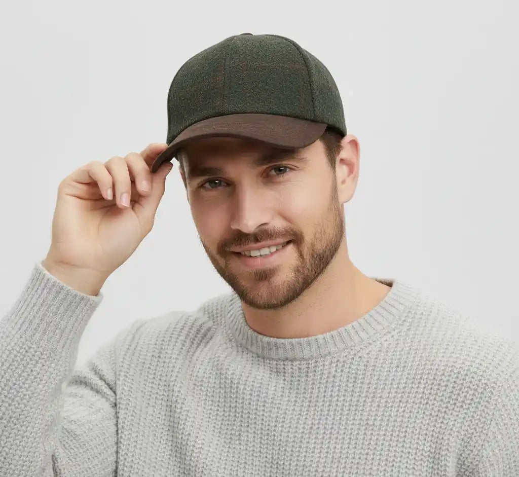 Checked Tweed Baseball Cap with Suede Peak-Green