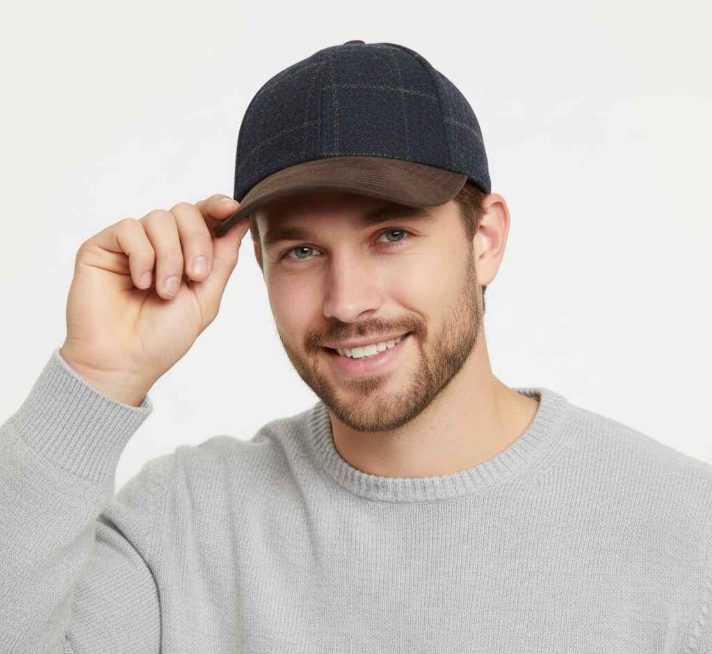This Checked Tweed Suede Baseball Cap by Novella Hats brings a stylish, heritage-inspired twist to your everyday wardrobe. Designed with a brown suede-effect peak and button top, it offers a refined look while keeping the classic six-panel baseball cap shape.