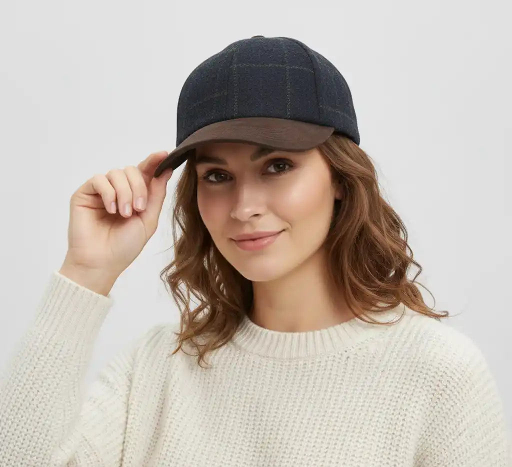 This Checked Tweed Suede Baseball Cap by Novella Hats brings a stylish, heritage-inspired twist to your everyday wardrobe. Designed with a brown suede-effect peak and button top, it offers a refined look while keeping the classic six-panel baseball cap shape.