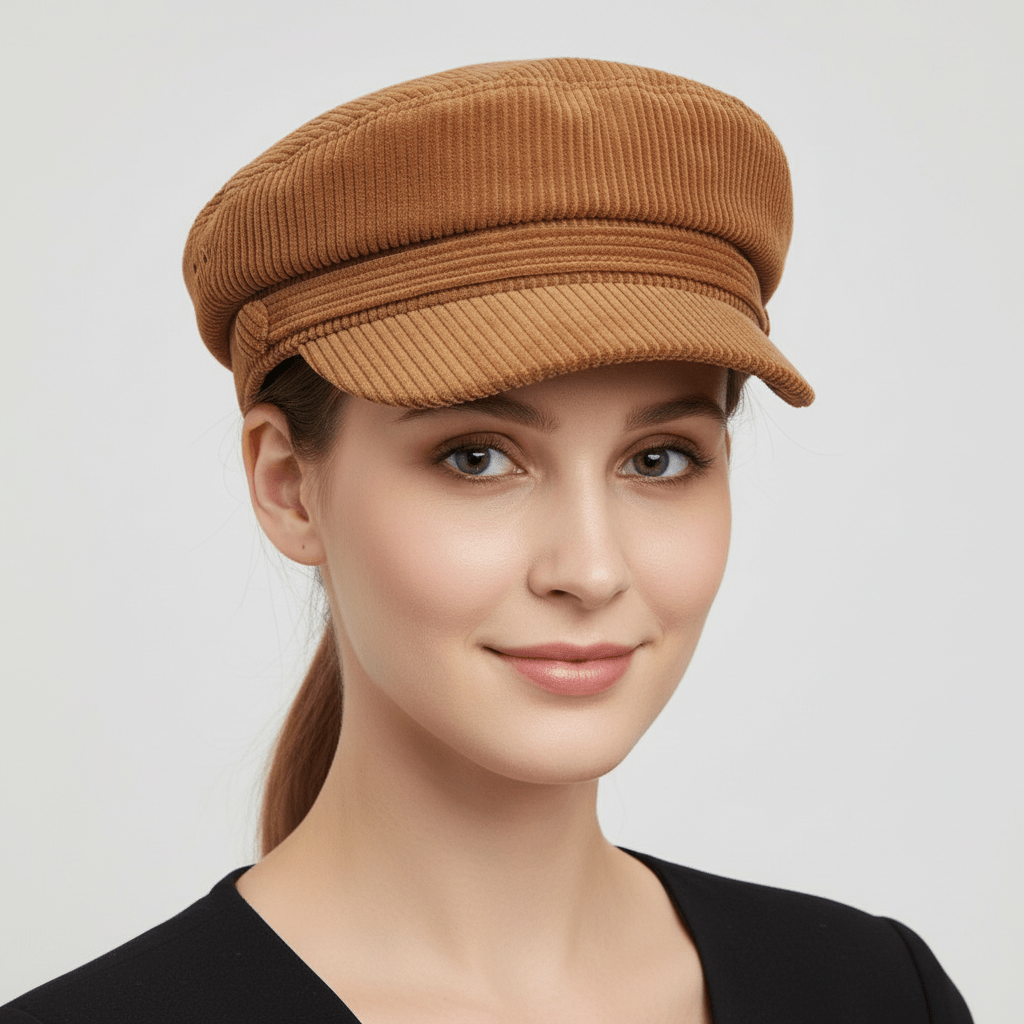 Command attention with the Novella Corduroy Breton Captain Hat – a timeless sailor-style cap with retro charm and modern detailing.
