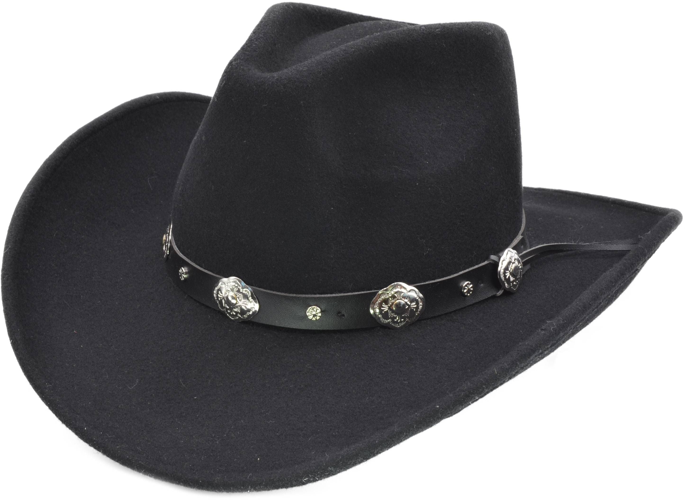 100% wool felt cowboy hat with distinctive leather tombstone band. Handcrafted for superior shape retention and durability. Available in Classic Black or Dark Beige, sizes 55-60cm. Features traditional Western design with unmatched attention to detail. Perfect blend of rugged style and comfort.