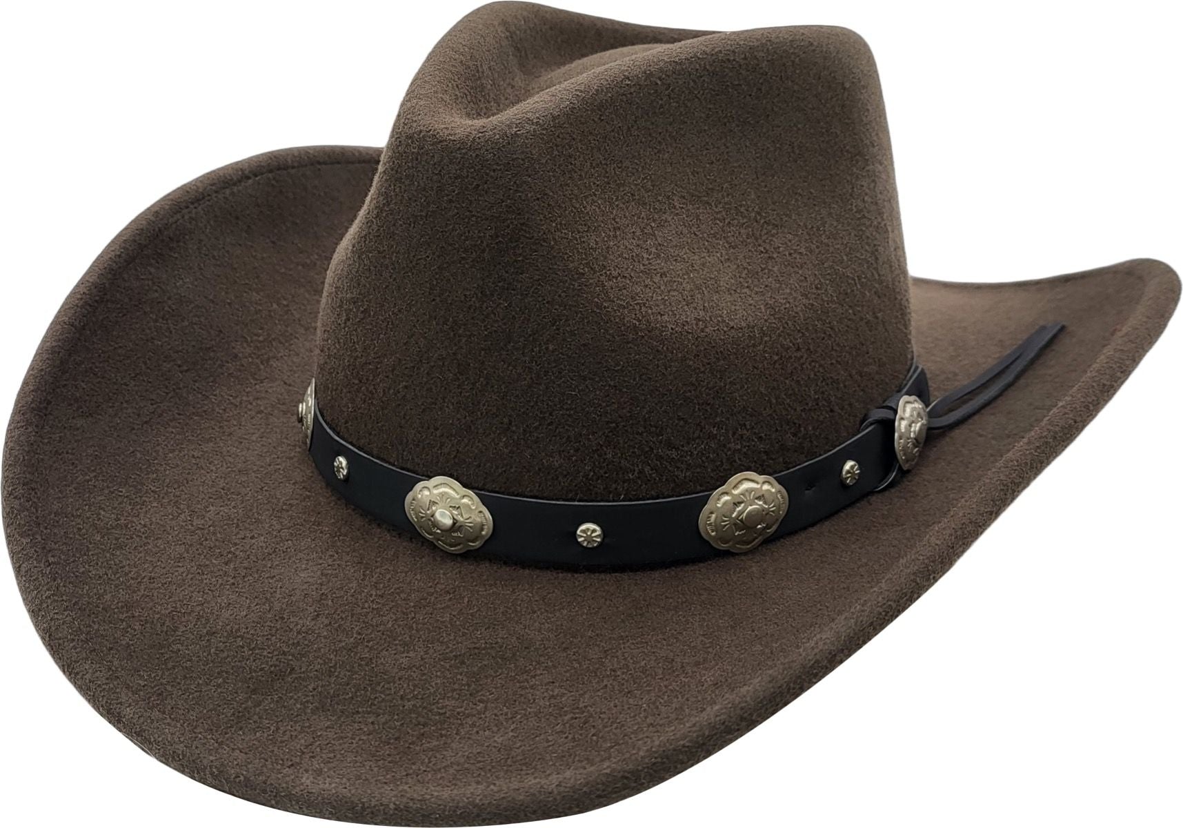 100% wool felt cowboy hat with distinctive leather tombstone band. Handcrafted for superior shape retention and durability. Available in Classic Black or Dark Beige, sizes 55-60cm. Features traditional Western design with unmatched attention to detail. Perfect blend of rugged style and comfort.