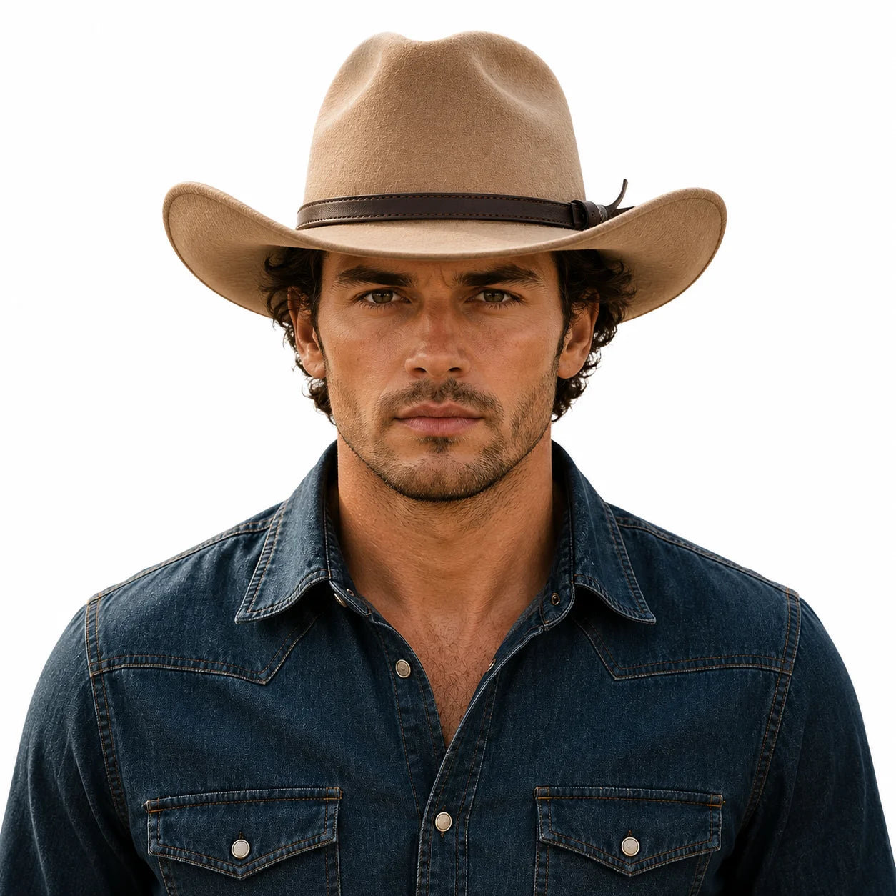 Man wearing a brown cowboy hat and blue denim shirt on a white background