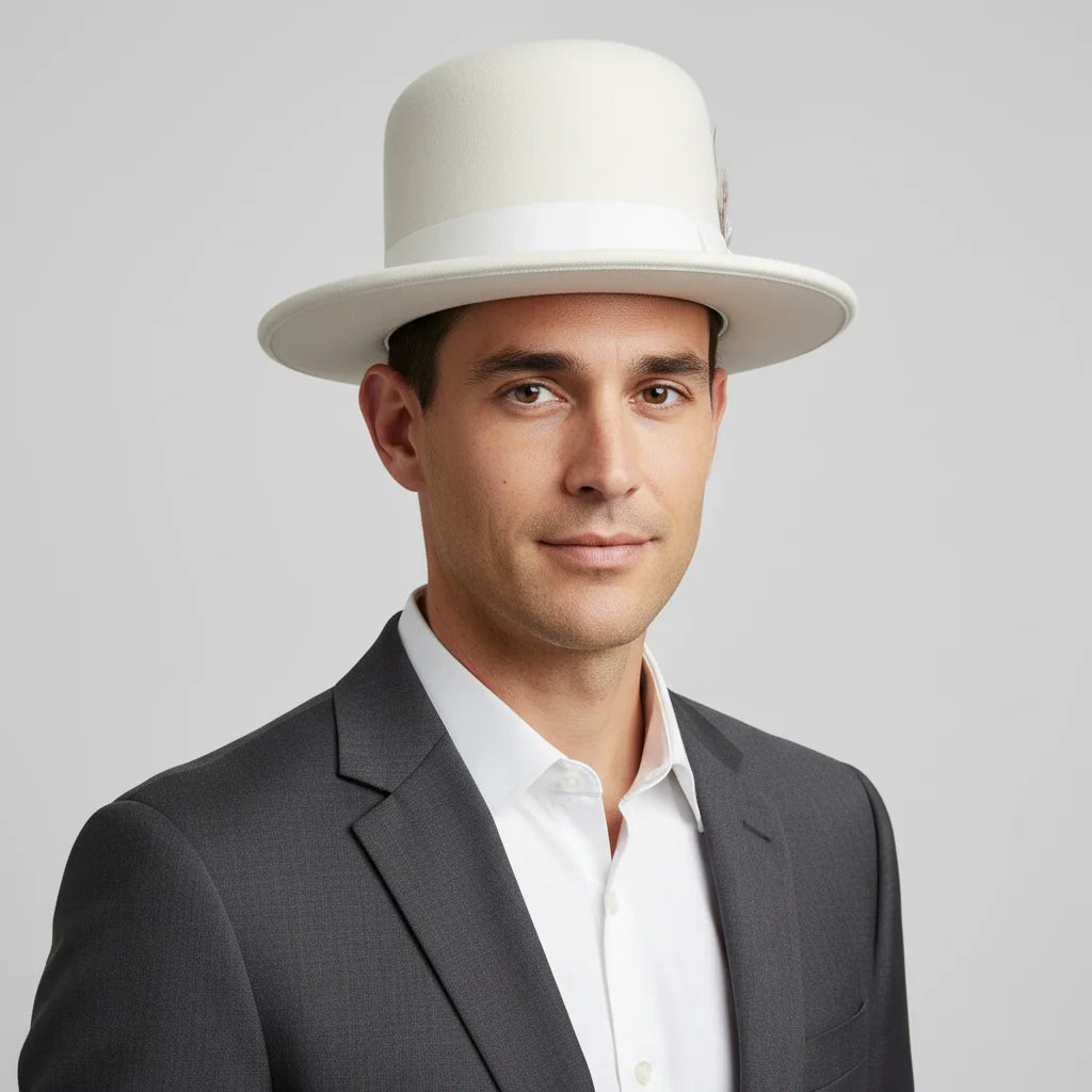 Model wearing oversized tall wool hat in cream