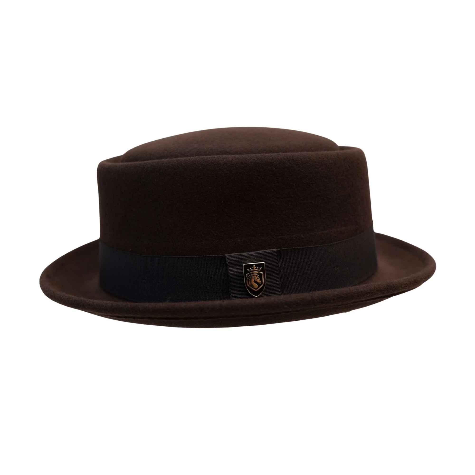 Front view of brown wool pork pie hat with flat crown and ribbon band