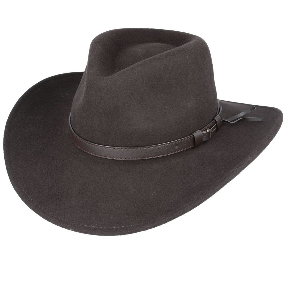 The Crushable Wool Felt Cowboy Hat from the Novella Hats Wool collection combines fashion and function. This handmade hat features a wide brim and high crown, offering both style and practicality. It's packable—just take it out of a suitcase, shake and shape it, and it's ready to wear.