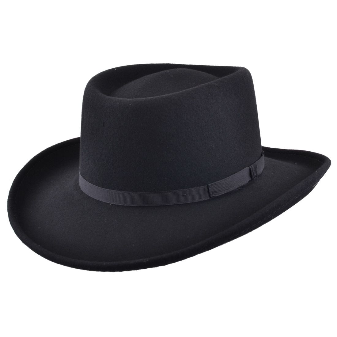 The Crushable Wool Felt Gambler Cowboy Hat with Black Band is a stylish and practical accessory, crafted from water-repellent, packable 100% wool felt. The Gambler shape features a round telescopic crown and a curved brim, making it a classic and distinctive choice. Finished with a comfortable cotton sweatband, this hat has a 10cm high crown and an 8.5cm wide brim, combining tradition with modern comfort.
