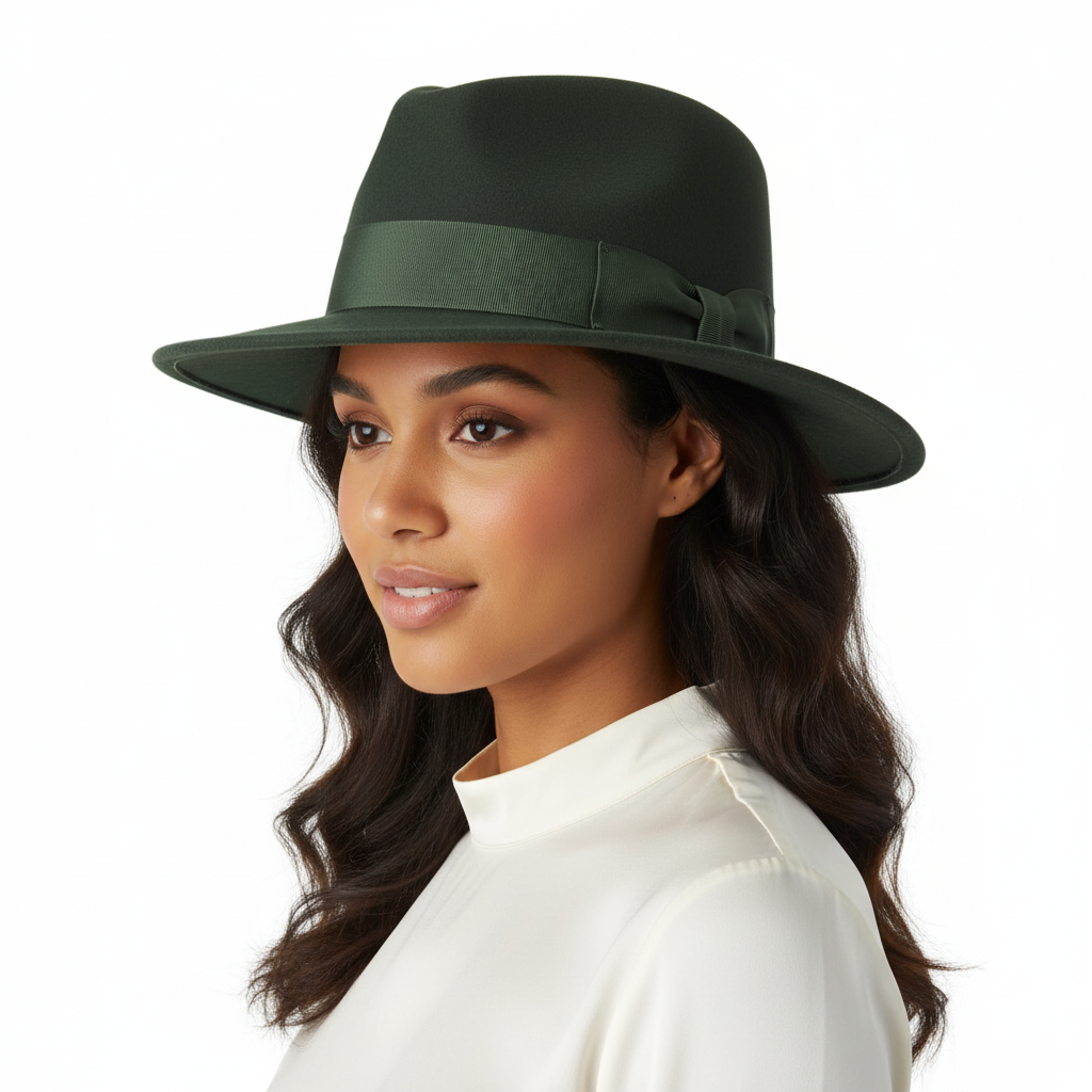 Wool Fedora Hat with Grosgrain Band. Handmade, 100% wool, with a 7cm wide brim and 11cm high crown. Features a comfortable cotton sweatband and black belt band. Packable and versatile. 