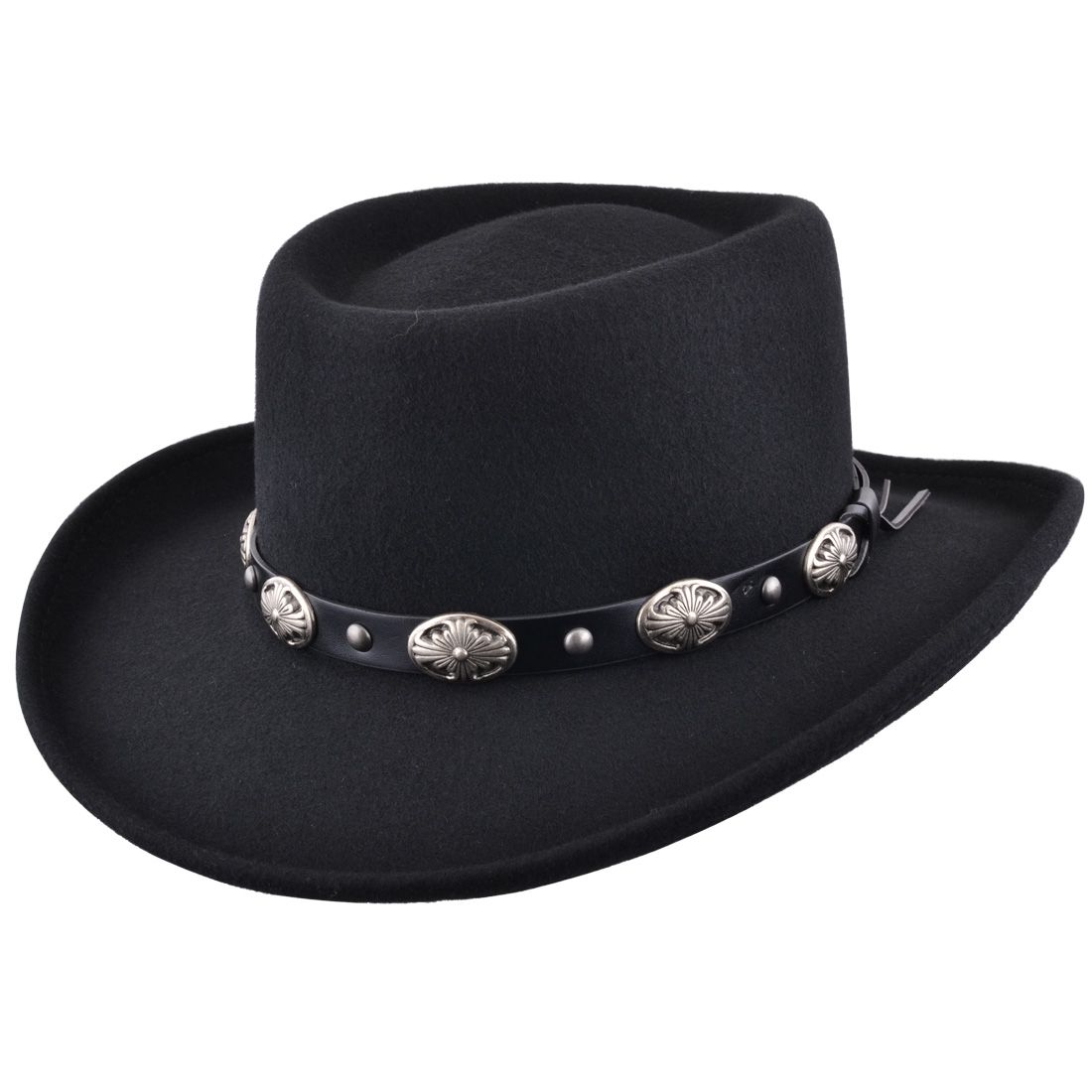 Western Style Gambler Wool Felt Hat in Black is a perfect blend of classic style and modern functionality. 100% wool felt Gambler Cowboy Hat. Crushable, water-repellent, with a wide 7cm brim and a 10cm crown. Adorned with a Tombstone leather band. Sizes from small to extra-large. Hat Details: Material: 100% Wool Felt 