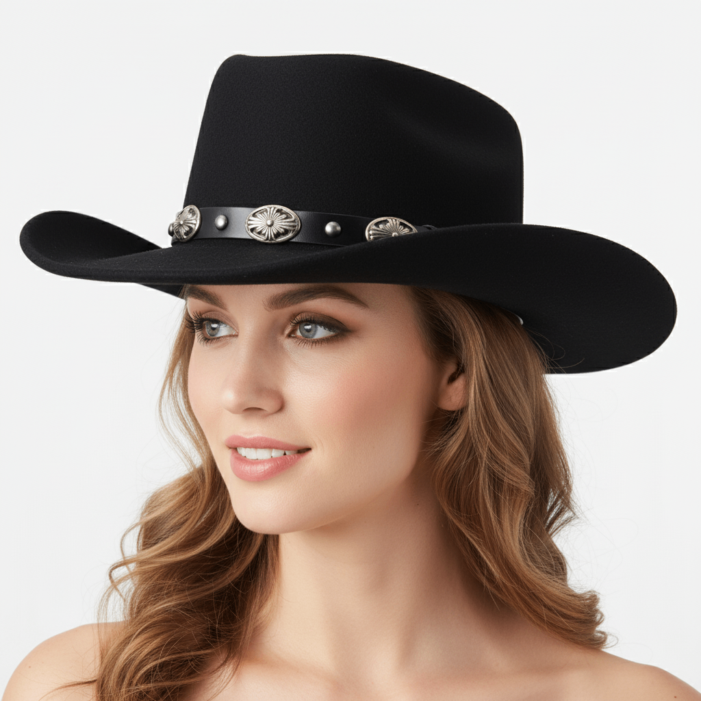 Gambler Cowboy Hat - Black Wool Felt with Buckle Trim and Tombstone
