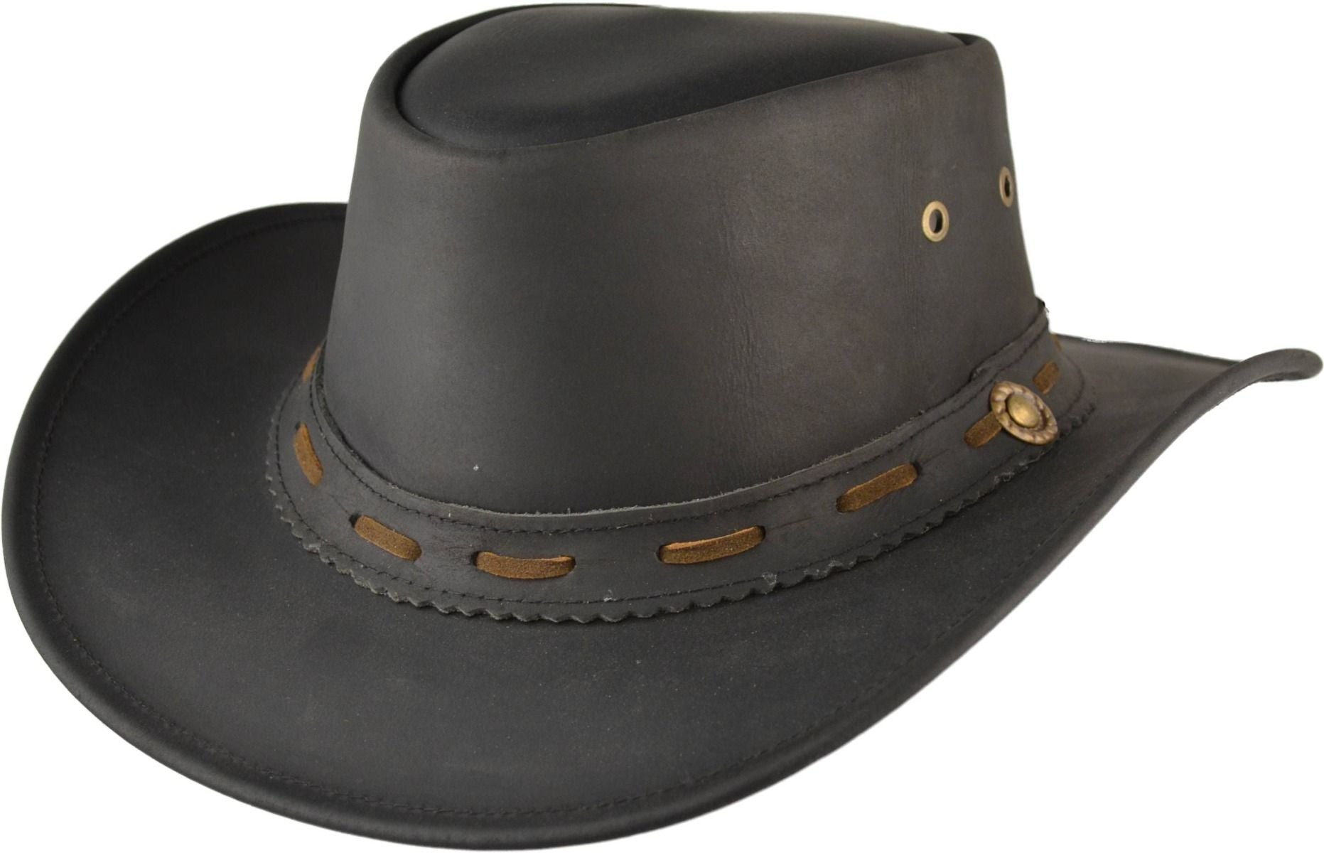 Authentic leather cowboy hat in classic Black or Dark Brown. Features traditional pinched crown, wide protective brim, and premium leather construction that ages beautifully. Available in sizes 55-60cm. Perfect for ranch work, festivals, and outdoor adventures. Genuine leather that gets better with age.