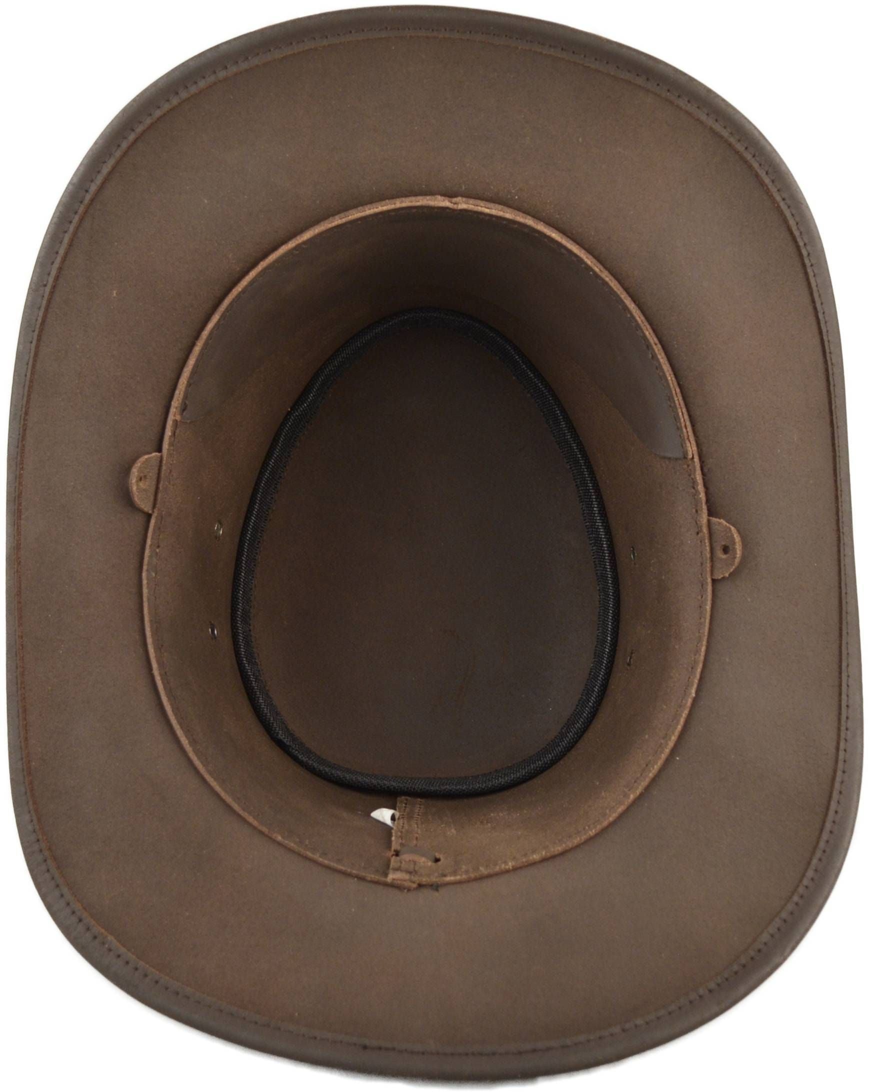 Authentic leather cowboy hat in classic Black or Dark Brown. Features traditional pinched crown, wide protective brim, and premium leather construction that ages beautifully. Available in sizes 55-60cm. Perfect for ranch work, festivals, and outdoor adventures. Genuine leather that gets better with age.