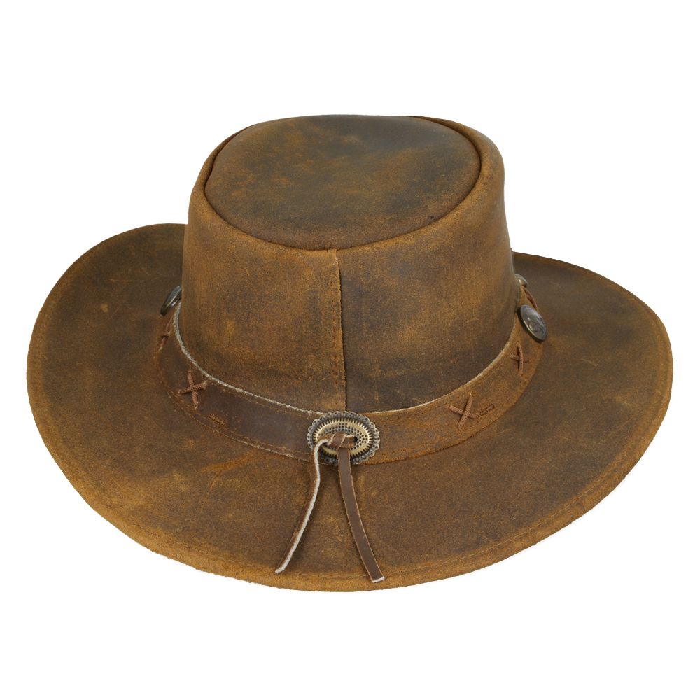 Genuine crazy leather Western Outback hat. UPF 40+ protection. Shapeable brim, chin strap. Brown, Camel, Tan. Sizes S/M/L/XL. Vintage design meets sun safety. Hat Details: Brand: Gladwin Bond Style: Western Outback Aussie Cowboy Hat Material: 100% Genuine Crazy Leather Colors: Brown, Camel, Tan.