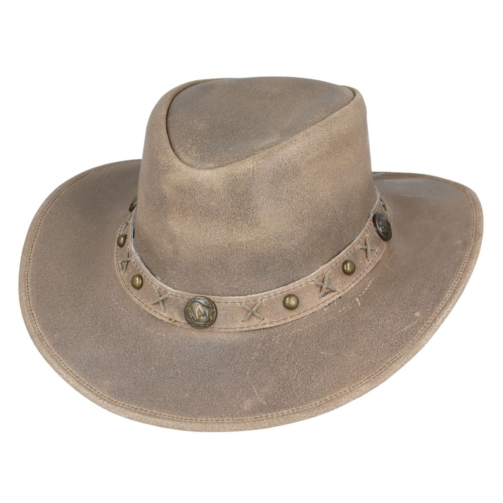 Genuine crazy leather Western Outback hat. UPF 40+ protection. Shapeable brim, chin strap. Brown, Camel, Tan. Sizes S/M/L/XL. Vintage design meets sun safety. Hat Details: Brand: Gladwin Bond Style: Western Outback Aussie Cowboy Hat Material: 100% Genuine Crazy Leather Colors: Brown, Camel, Tan.