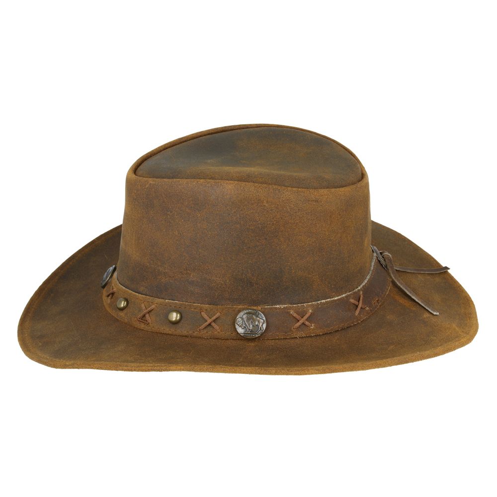 Genuine crazy leather Western Outback hat. UPF 40+ protection. Shapeable brim, chin strap. Brown, Camel, Tan. Sizes S/M/L/XL. Vintage design meets sun safety. Hat Details: Brand: Gladwin Bond  Style: Western Outback Aussie Cowboy Hat Material: 100% Genuine Crazy Leather Colors: Brown, Camel, Tan.