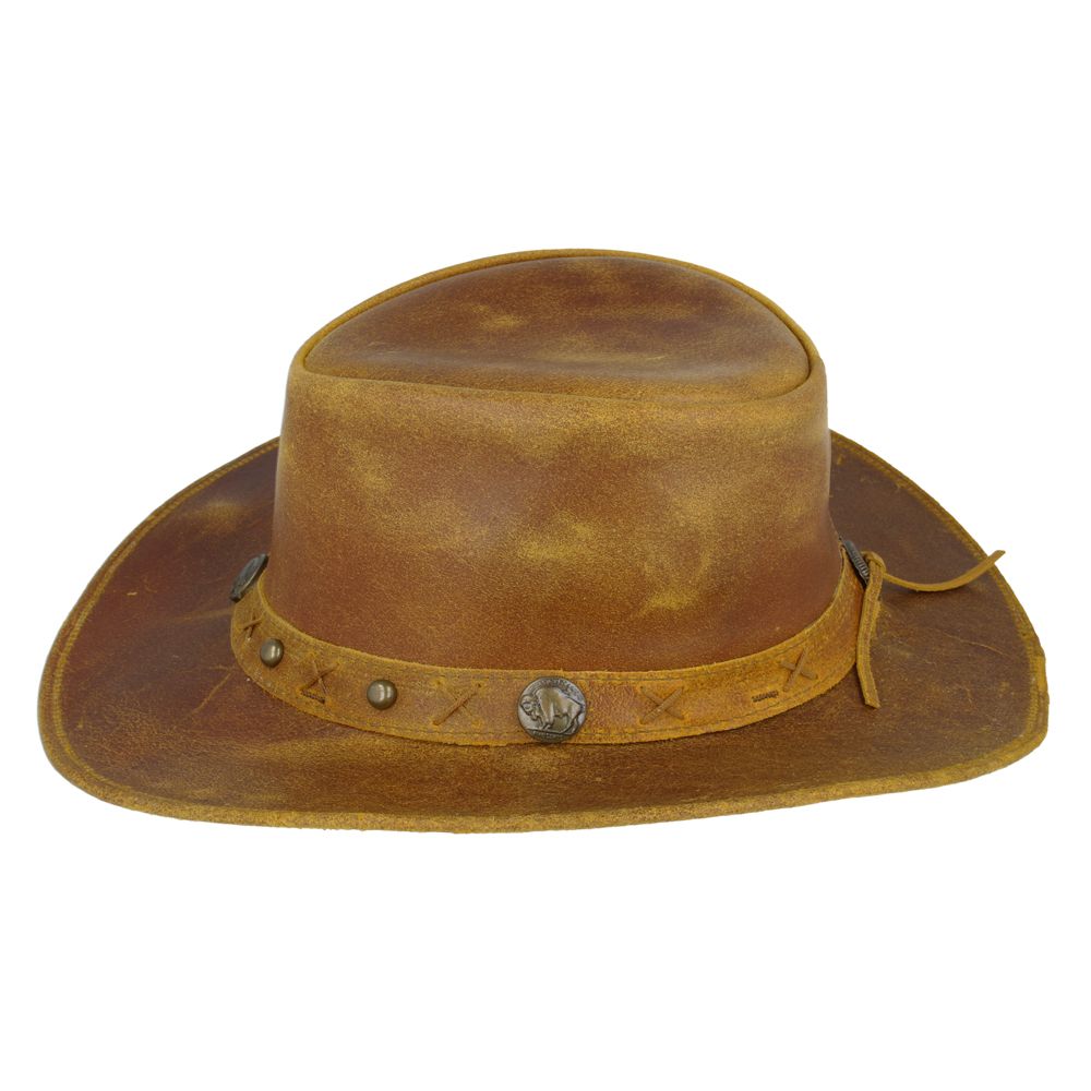 Genuine crazy leather Western Outback hat. UPF 40+ protection. Shapeable brim, chin strap. Brown, Camel, Tan. Sizes S/M/L/XL. Vintage design meets sun safety. Hat Details: Brand: Gladwin Bond Style: Western Outback Aussie Cowboy Hat Material: 100% Genuine Crazy Leather Colors: Brown, Camel, Tan.