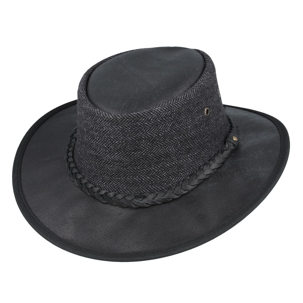 Black leather Western outback hat with herringbone pattern, genuine wool blend, and UPF 40+ protection. Features 10cm crown, 7.5cm shapeable brim, braided leather band, chin strap, and cooling eyelets. Sizes 55-61cm. Authentic Aussie design.