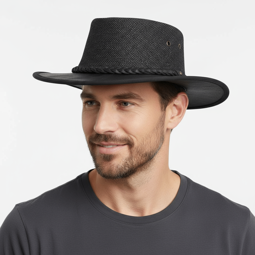 Black Leather Western Hat - Herringbone Outback Style