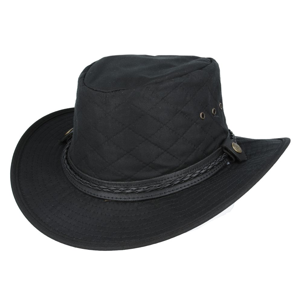 cowboy hat in quilted British waxed cotton with UPF 40+ protection. Features 10cm western crown and shapeable 7.5cm brim. Available in Black, Brown, and Olive, sizes 55-61cm. Complete with chin strap and ventilation. Combines authentic western style with British durability.