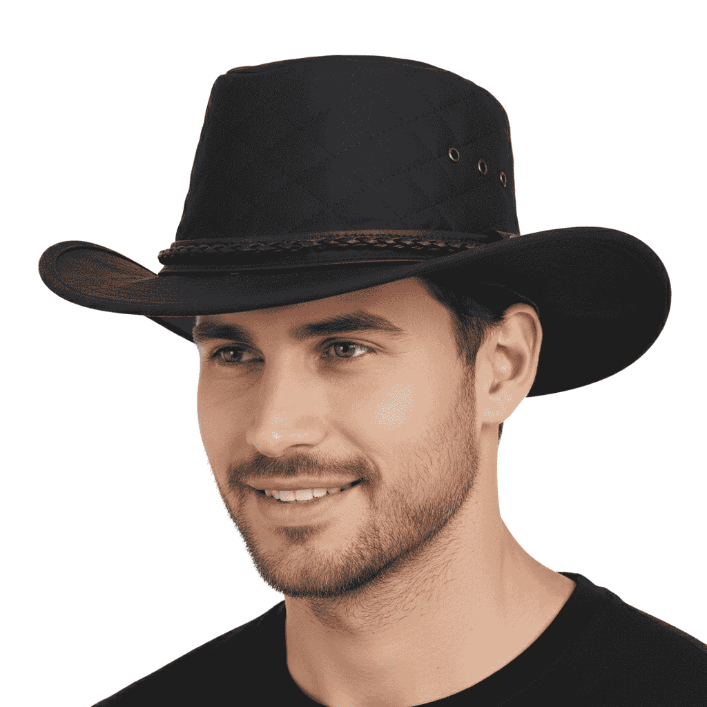 cowboy hat in quilted British waxed cotton with UPF 40+ protection. Features 10cm western crown and shapeable 7.5cm brim. Available in Black, Brown, and Olive, sizes 55-61cm. Complete with chin strap and ventilation. Combines authentic western style with British durability.