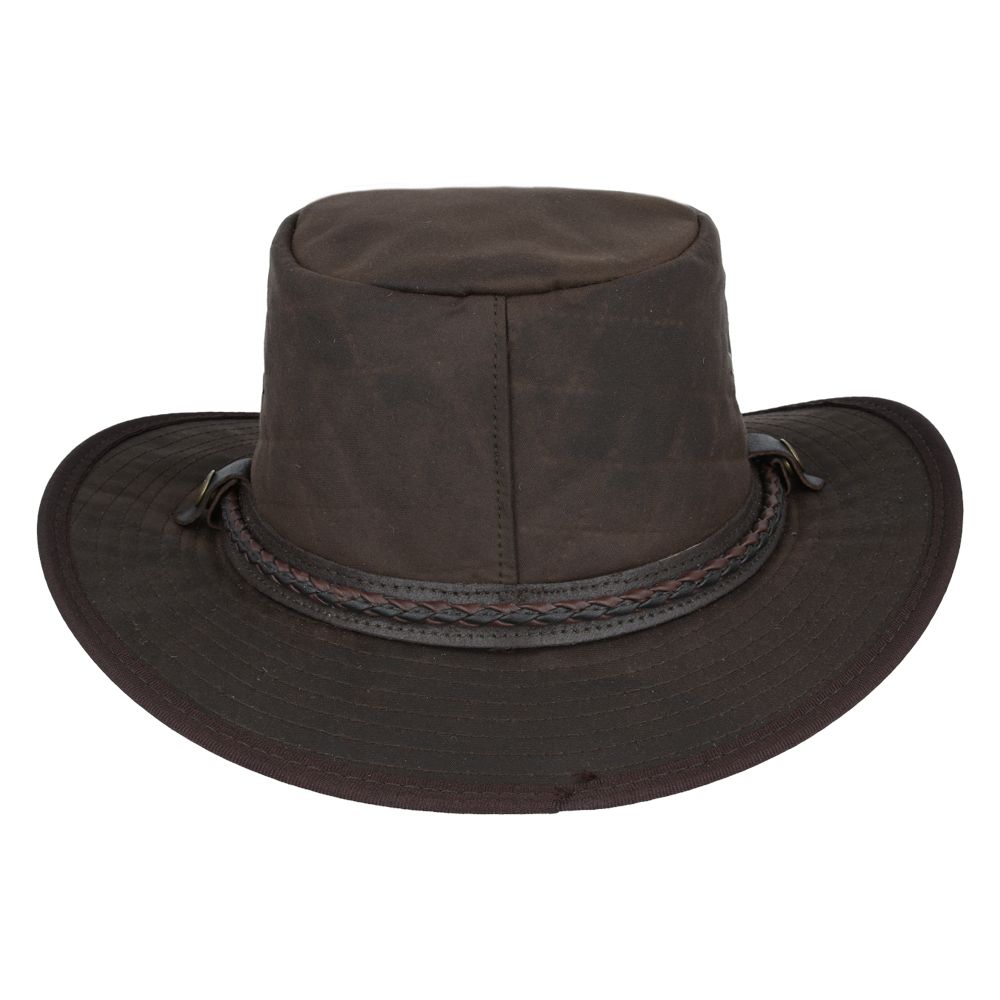 cowboy hat in quilted British waxed cotton with UPF 40+ protection. Features 10cm western crown and shapeable 7.5cm brim. Available in Black, Brown, and Olive, sizes 55-61cm. Complete with chin strap and ventilation. Combines authentic western style with British durability.
