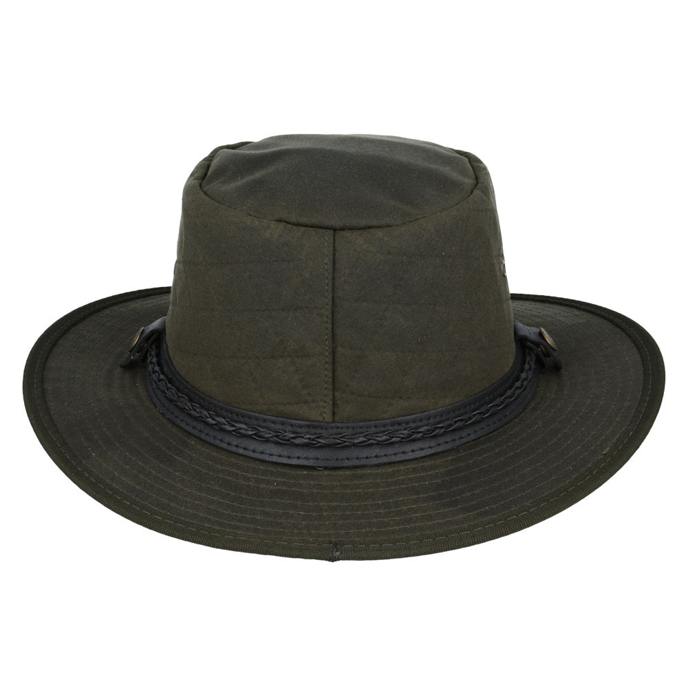 cowboy hat in quilted British waxed cotton with UPF 40+ protection. Features 10cm western crown and shapeable 7.5cm brim. Available in Black, Brown, and Olive, sizes 55-61cm. Complete with chin strap and ventilation. Combines authentic western style with British durability.