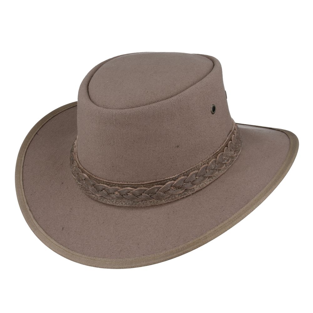 Authentic Australian outback hat in thick waxed canvas with UPF 40+ protection. Features 10cm crown height, chin strap, and braided leather band. Available in Black, Brown, and Olive, sizes 55-61cm. Perfect for outback adventures with maximum ventilation and sun protection.