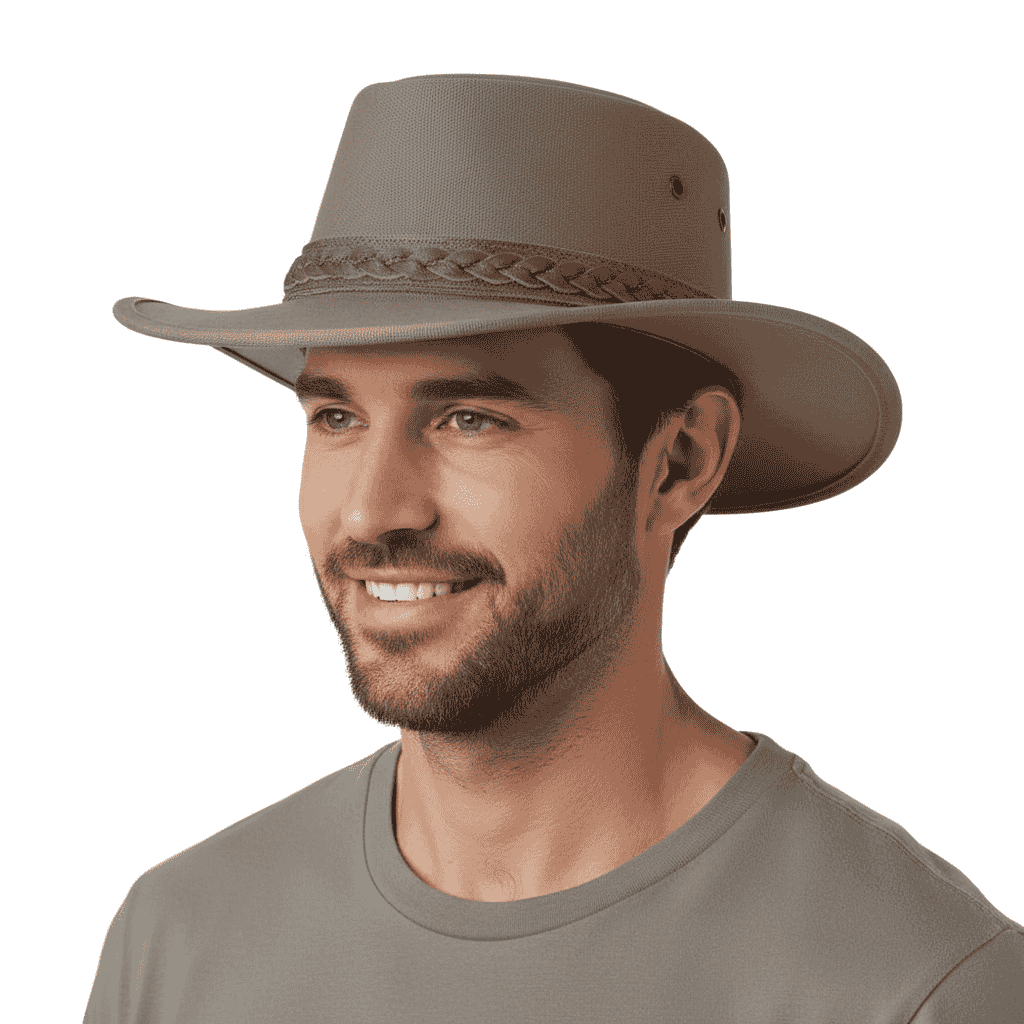 Authentic Australian outback hat in thick waxed canvas with UPF 40+ protection. Features 10cm crown height, chin strap, and braided leather band. Available in Black, Brown, and Olive, sizes 55-61cm. Perfect for outback adventures with maximum ventilation and sun protection.