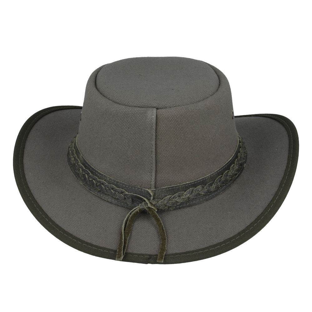 Authentic Australian outback hat in thick waxed canvas with UPF 40+ protection. Features 10cm crown height, chin strap, and braided leather band. Available in Black, Brown, and Olive, sizes 55-61cm. Perfect for outback adventures with maximum ventilation and sun protection.