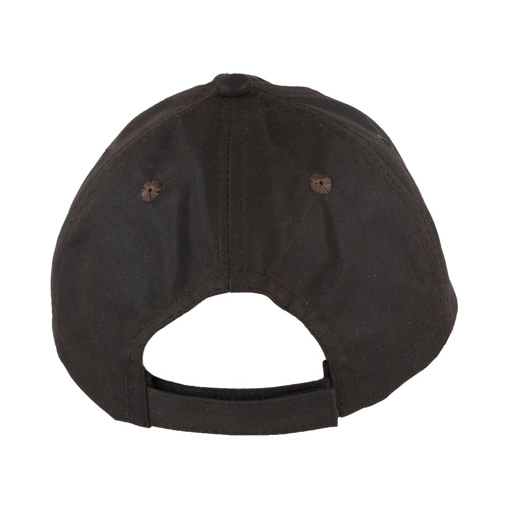 Water Resistant British waxed cotton baseball cap with UPF 40+ protection. Features traditional side eyelets and adjustable Velcro strap. Available in Olive, Black, and Brown. Combines countryside durability with sun safety. Perfect for outdoor activities in any weather.