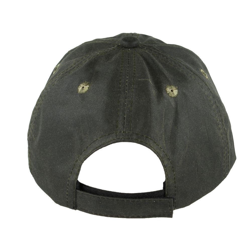 Water Resistant British waxed cotton baseball cap with UPF 40+ protection. Features traditional side eyelets and adjustable Velcro strap. Available in Olive, Black, and Brown. Combines countryside durability with sun safety. Perfect for outdoor activities in any weather.