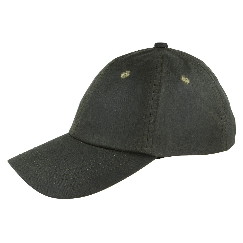 Water Resistant British waxed cotton baseball cap with UPF 40+ protection. Features traditional side eyelets and adjustable Velcro strap. Available in Olive, Black, and Brown. Combines countryside durability with sun safety. Perfect for outdoor activities in any weather.