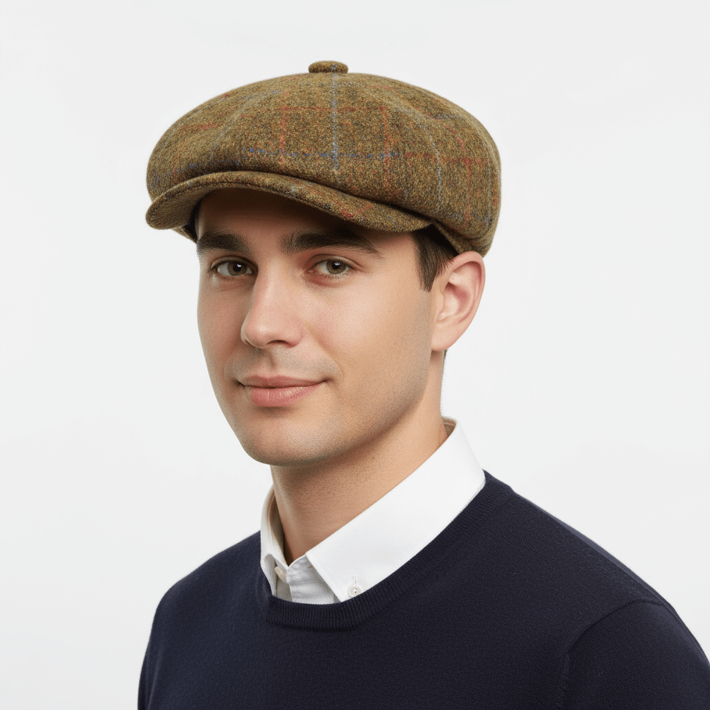 Green Harris Tweed Newsboy Cap, crafted from 100% pure new wool, handwoven in Scotland’s Outer Hebrides.