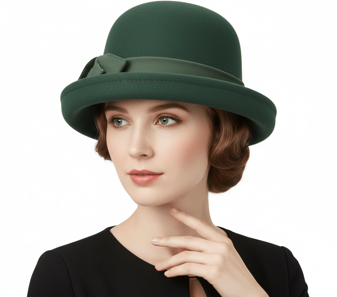 Green Womens Vintage Wool Felt Cloche Hat Adjustable | Novella display picture 3