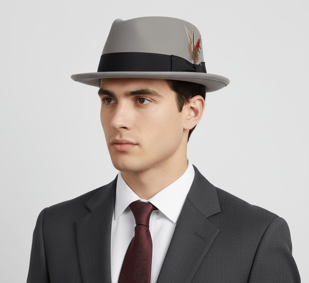 Grey Crushable Wool Felt Diamond Crown Pork Pie Hat. Perfect for travel, this handmade hat features a comfortable cotton sweatband and a removable feather. Available in multiple sizes.